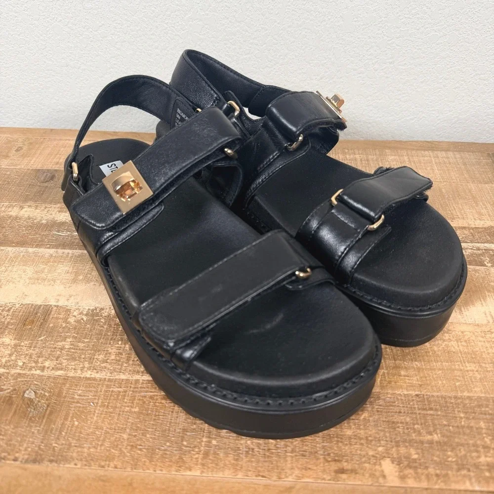 Steve Madden Big Mona Platform‎ Sandals Women 9 Black Leather Gold Turn Lock